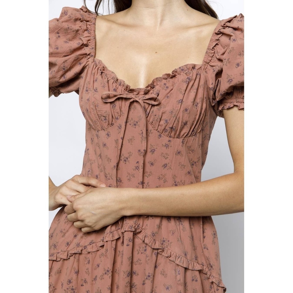 NEW Storia Floral Brown Ruffle Midi Dress Women Sz M 100% Cotton Cottagecore - Picture 3 of 15